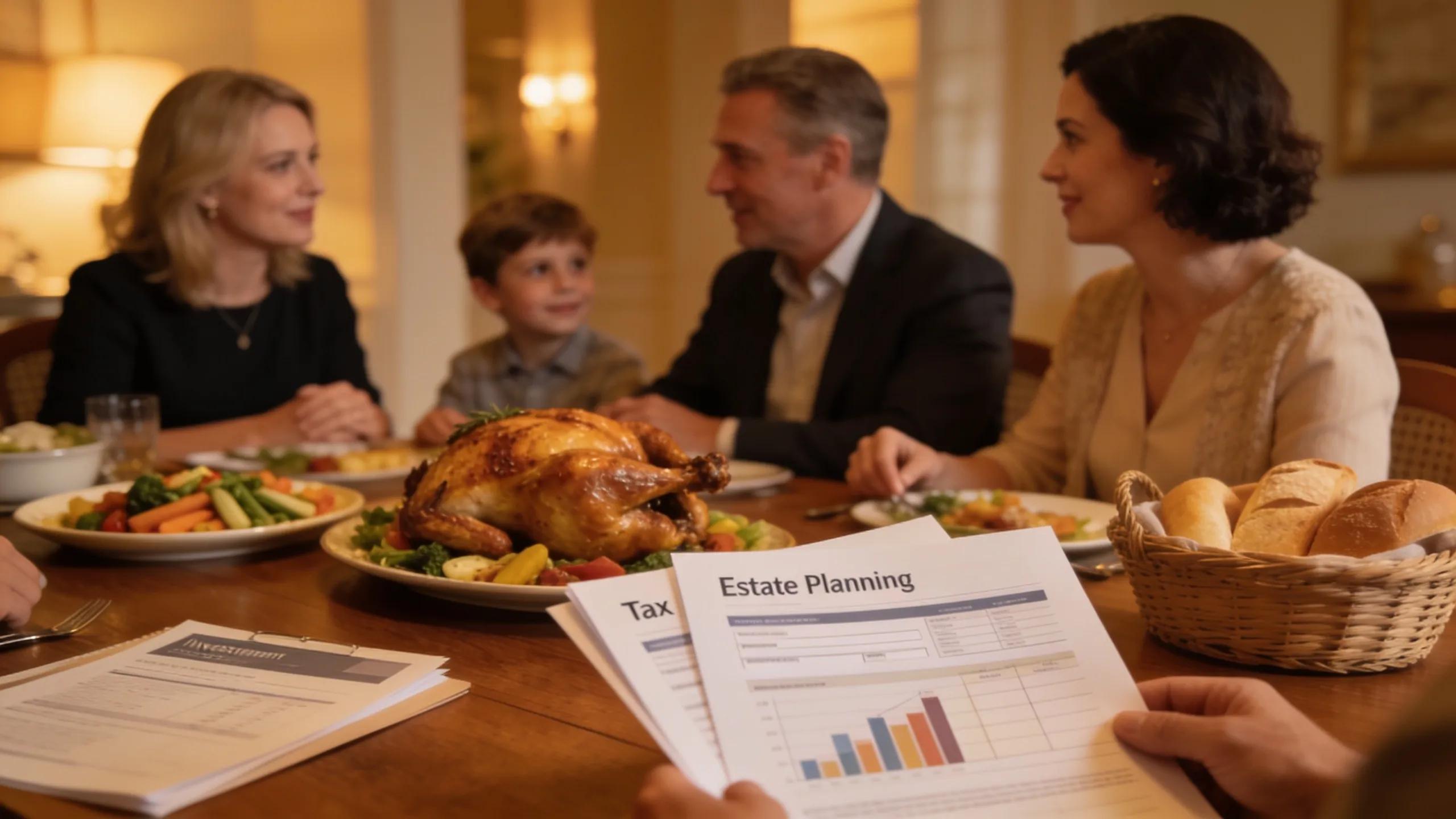 Family members discussing tax-efficient solutions and estate planning over dinner