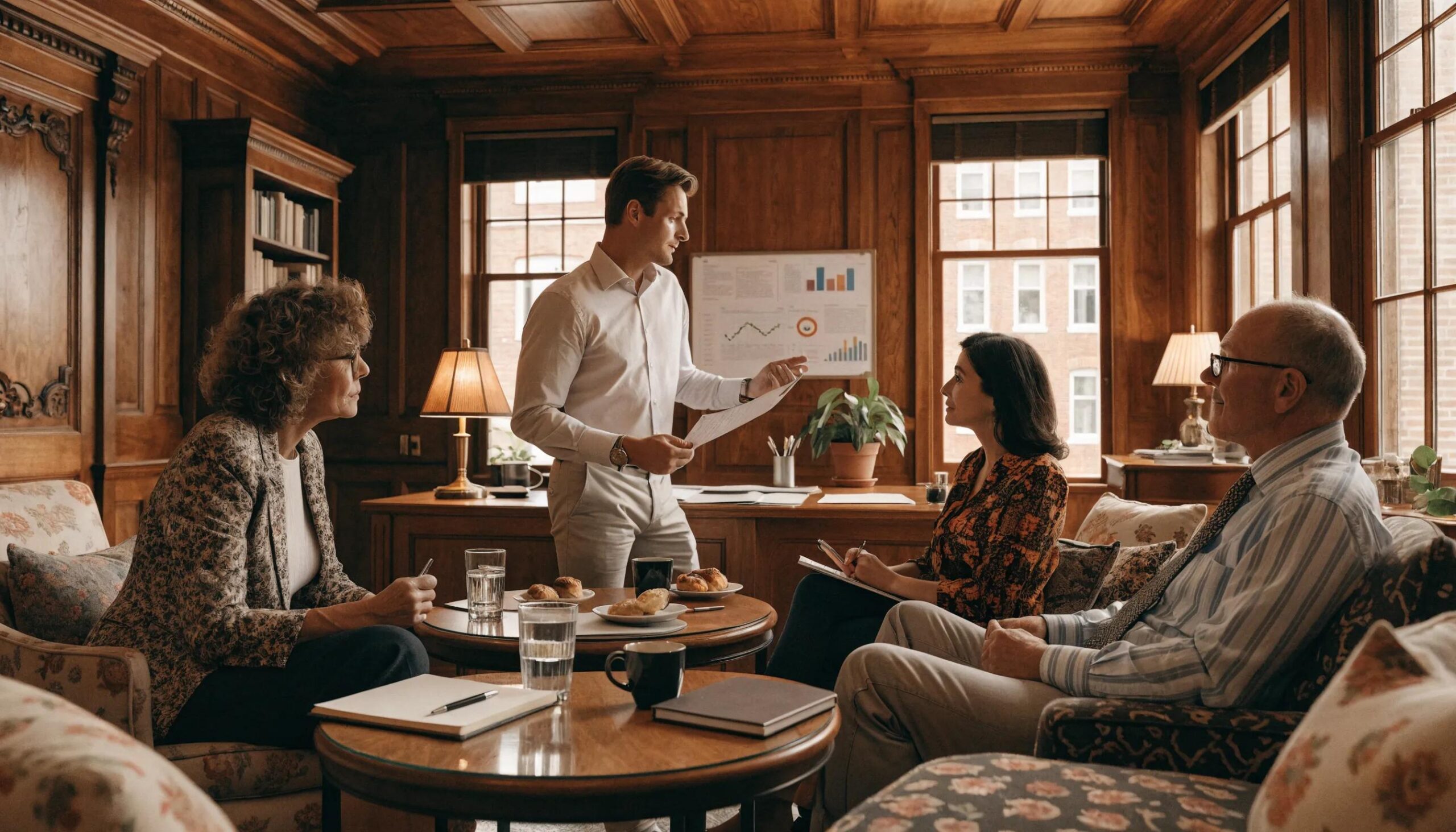 Financial advisor discussing expert investment strategies with high-net-worth clients in an elegant office