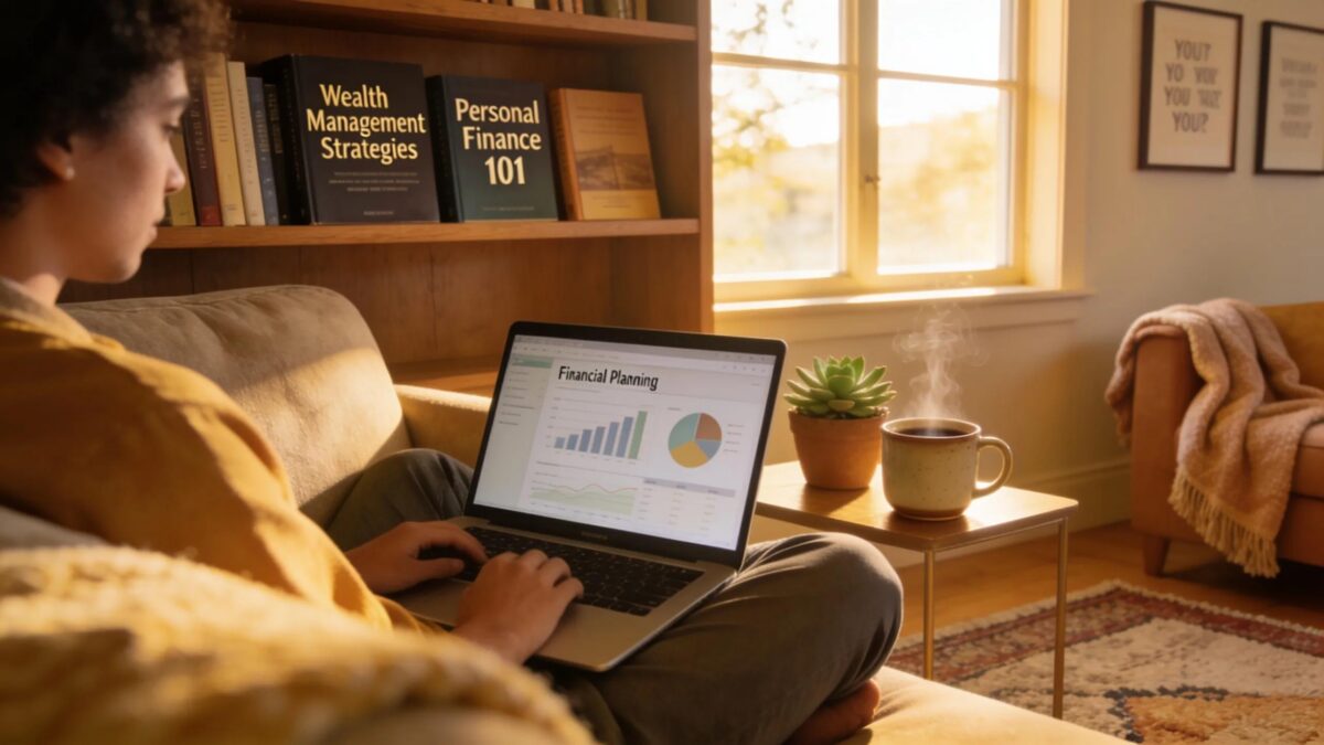 A cozy living room with a person using a laptop for financial planning, conveying wealth management themes