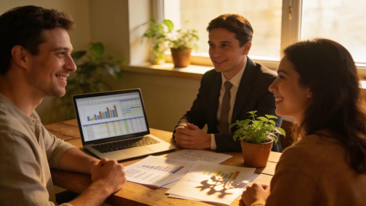 Trustful financial advisor meeting with clients in a cozy office setting