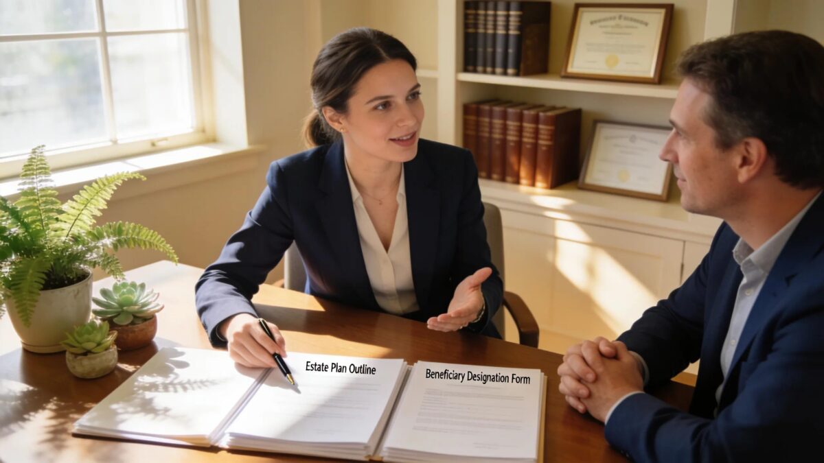 Estate planning consultation in a cozy office setting with a planner and client