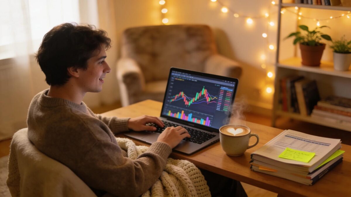 Cozy home setting with a person managing finances, emphasizing comfort in wealth management practices