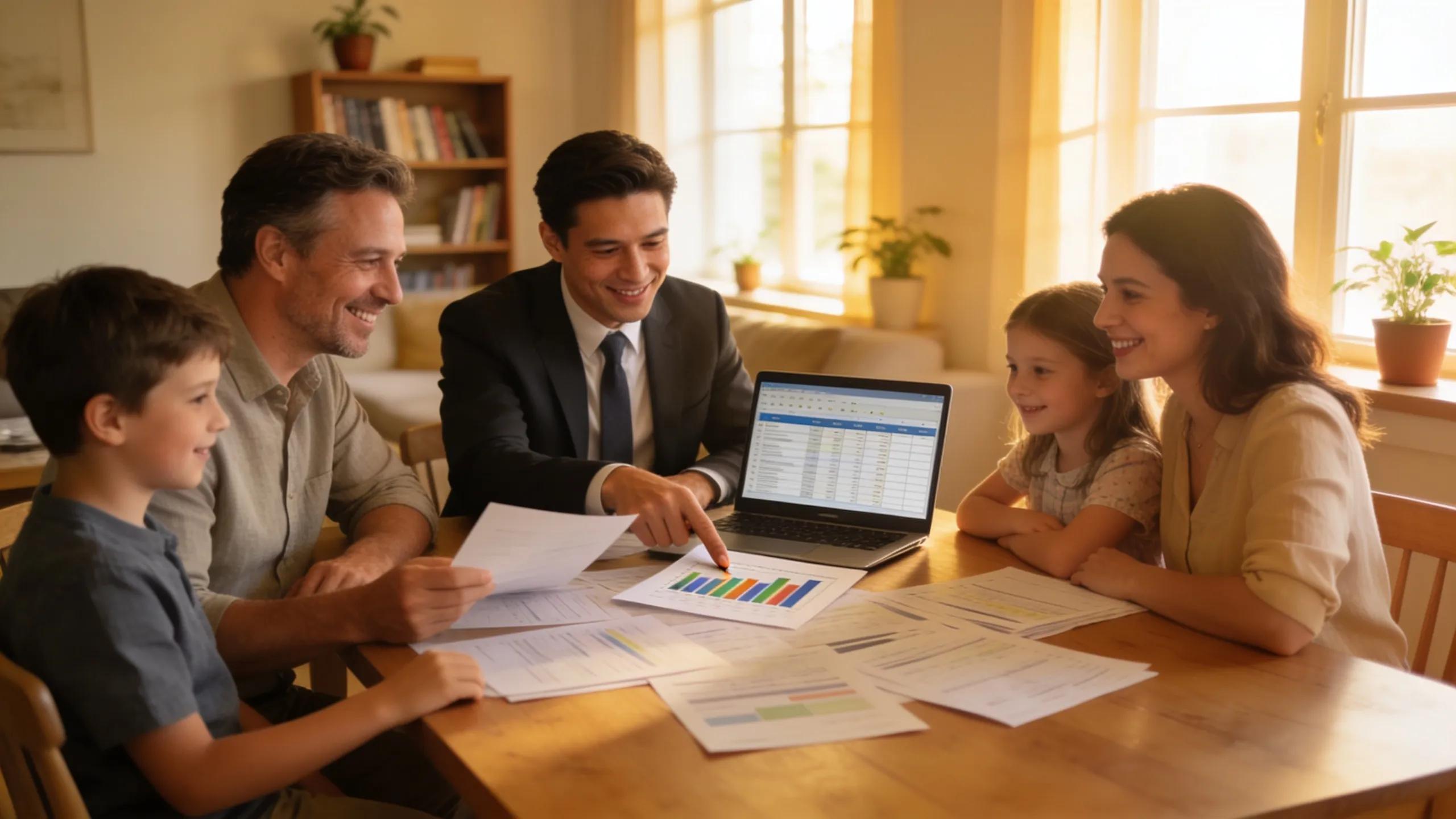 Family discussing alternative investment fee models with a financial planner in a comforting home environment