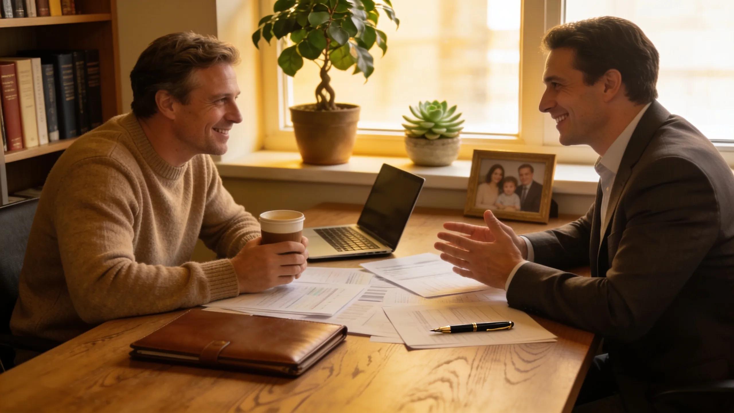 Clients engaging positively with their financial advisor in a warm, inviting setting.