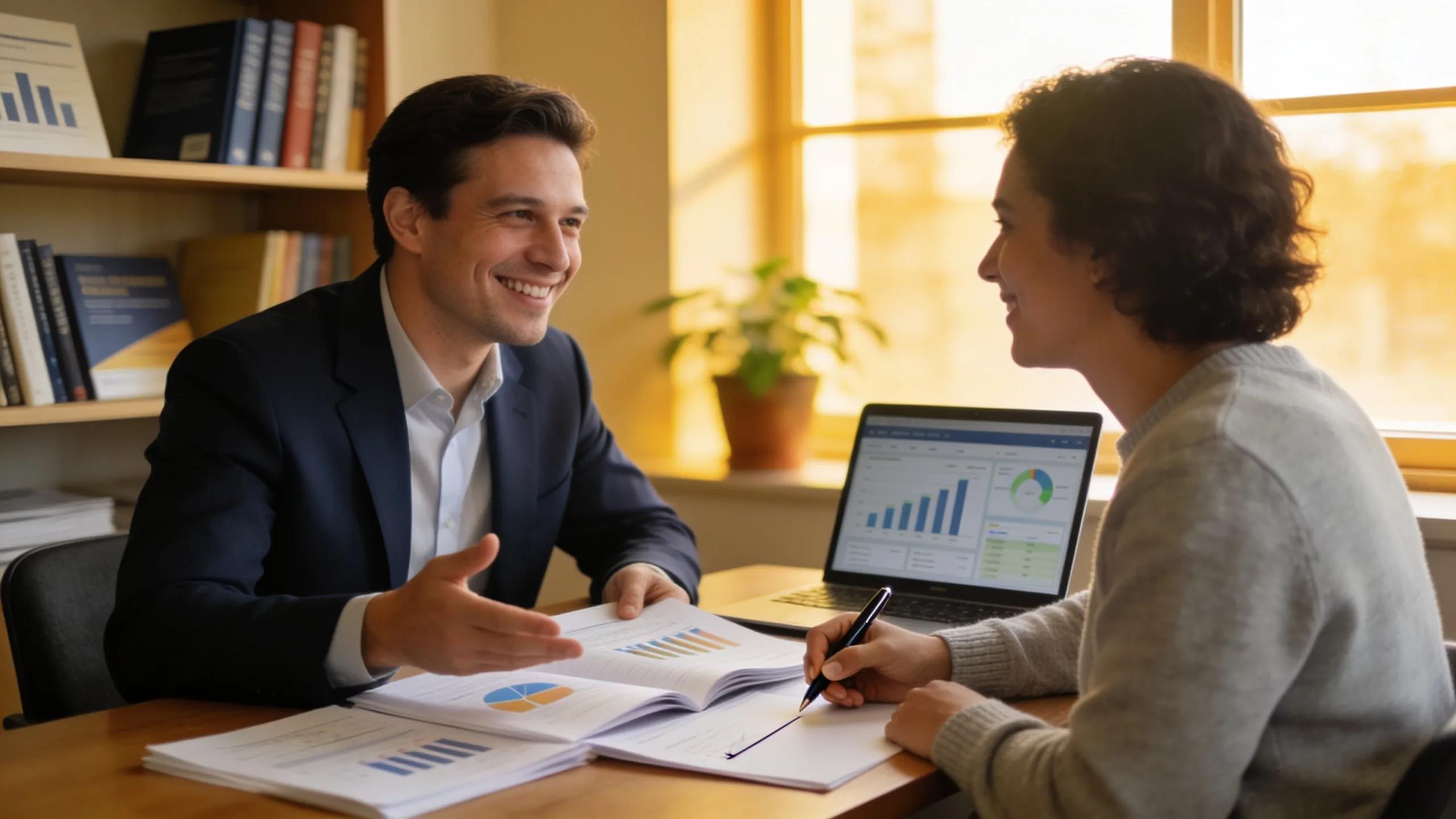Financial advisor onboarding a new client in a welcoming office