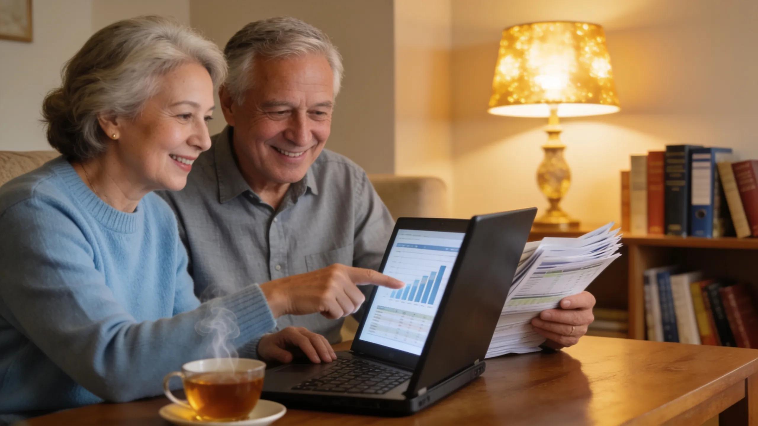 Retired couple engaged in a discussion about advanced risk management strategies, reflecting personalized financial planning and security