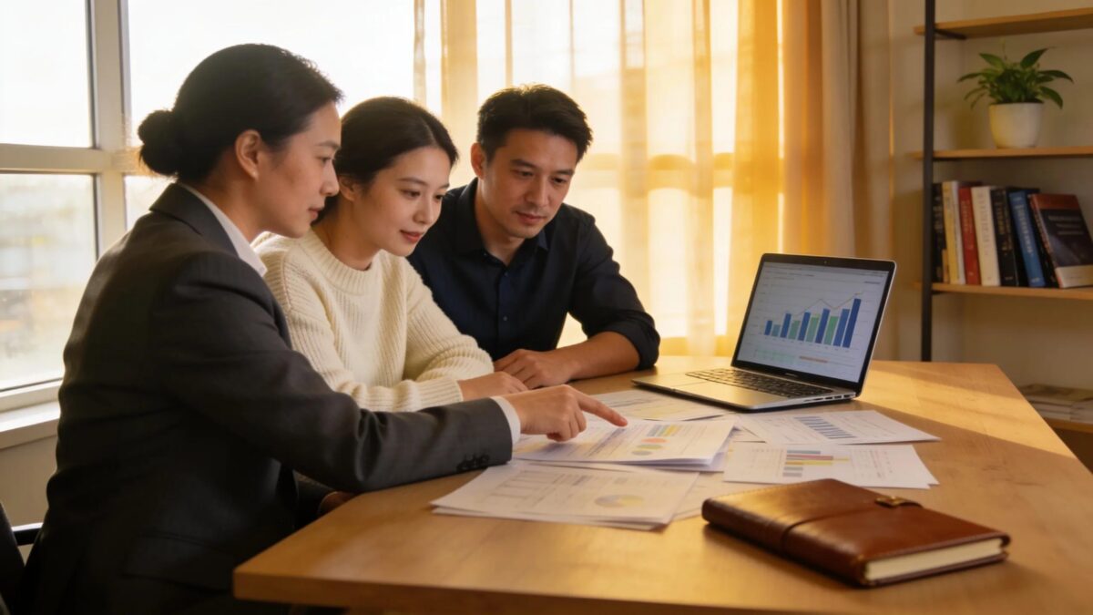 Financial advisor discussing wealth management strategies with clients in a welcoming office setting.
