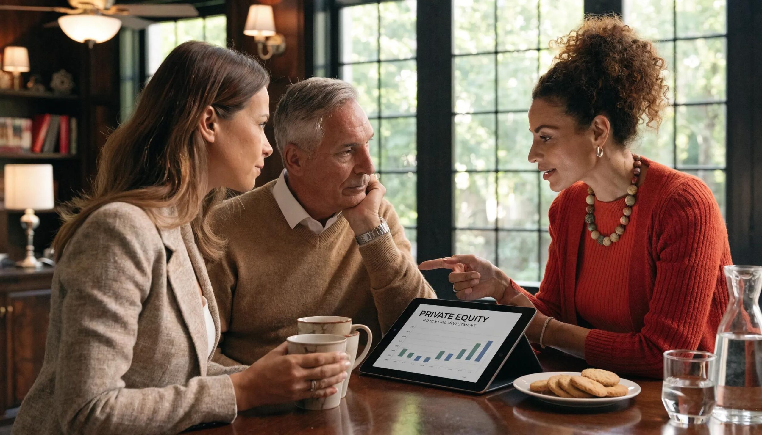 Financial advisor explaining private equity to a couple in a cozy setting