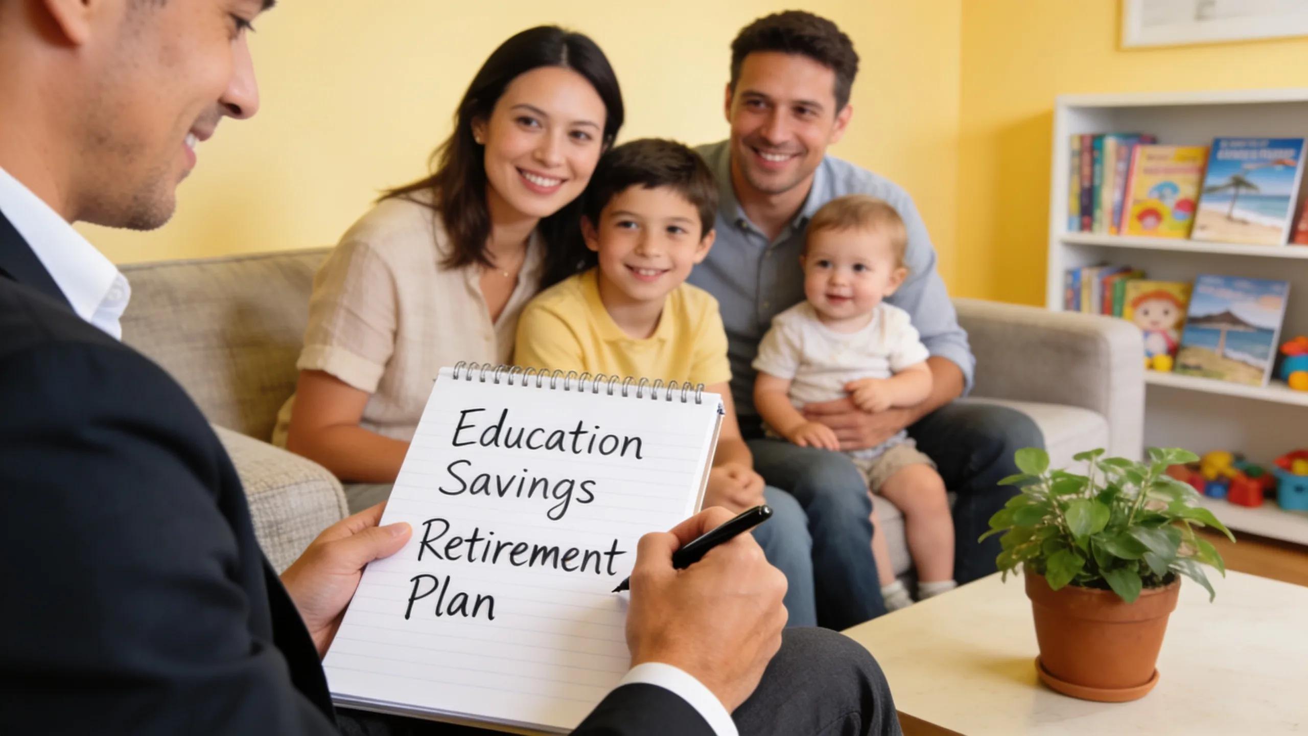 Engaging image of a financial advisor helping a family establish clear financial goals in a sunny living room