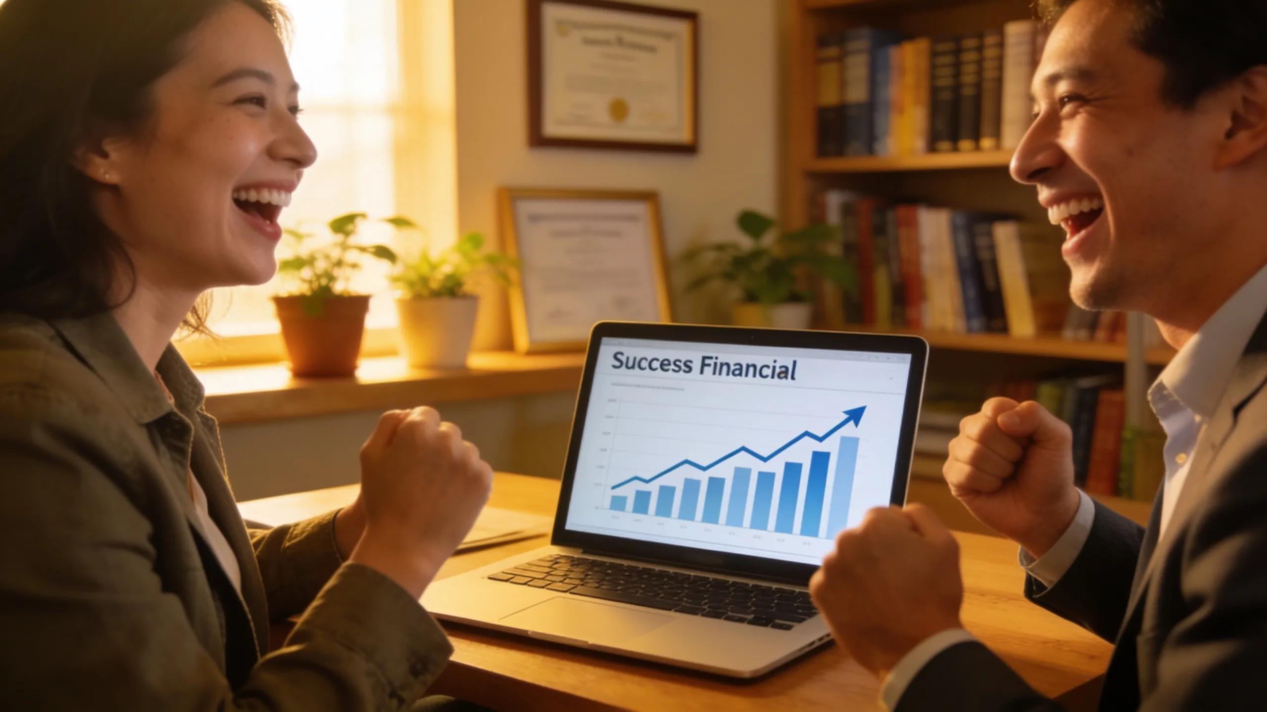 Financial advisor and happy client celebrating financial success together