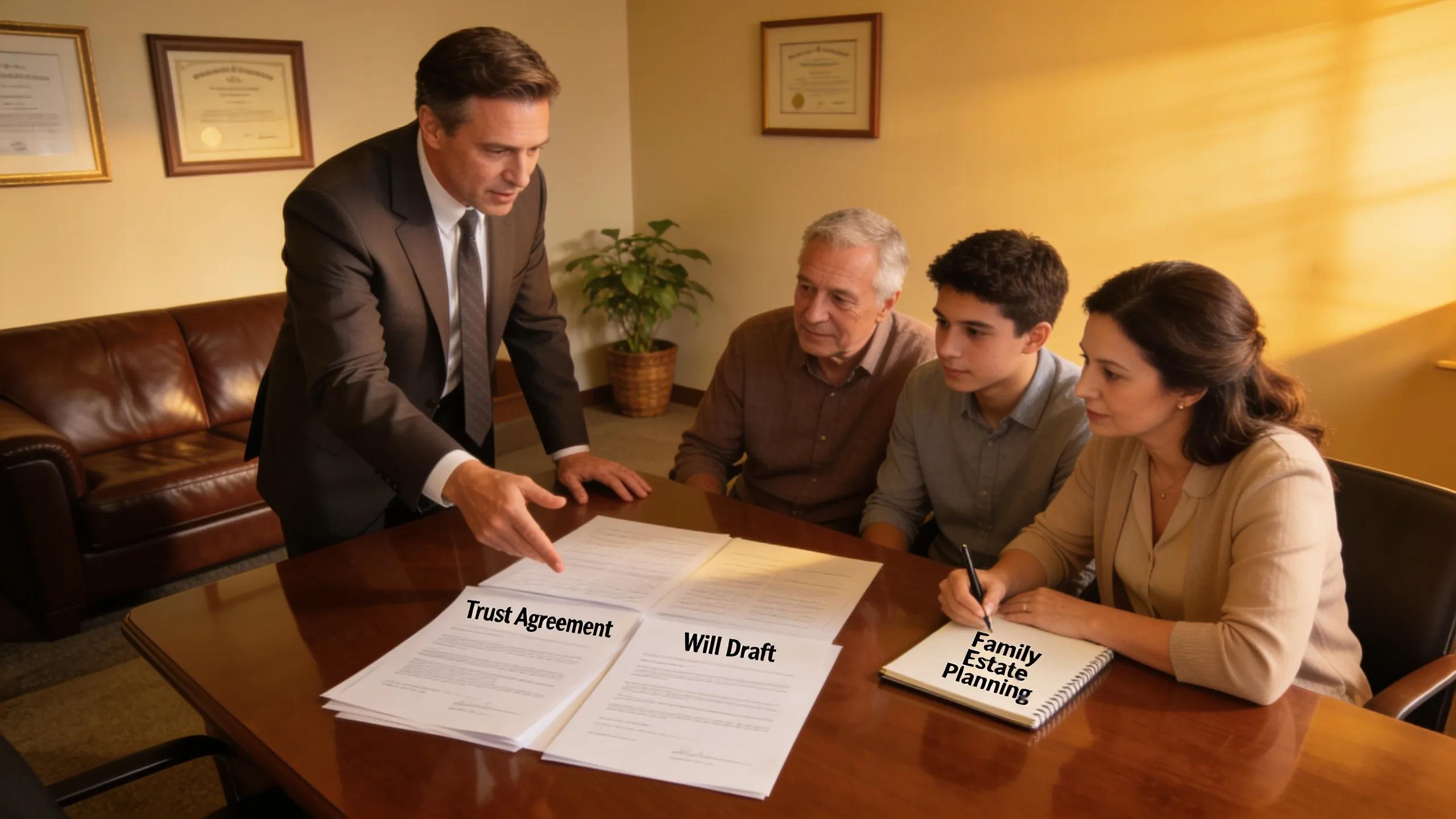 Fiduciary meeting with a family discussing estate planning documents in an office