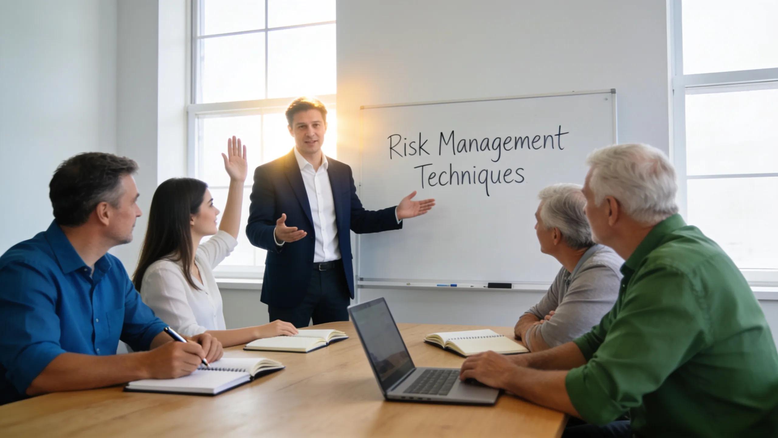 Financial advisor explaining risk management techniques to clients in a modern conference room