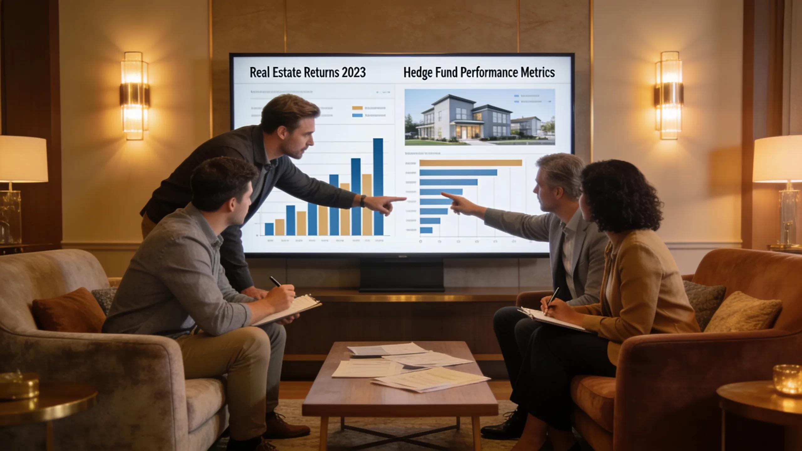 Investors analyzing hedge funds and real estate data in a cozy environment