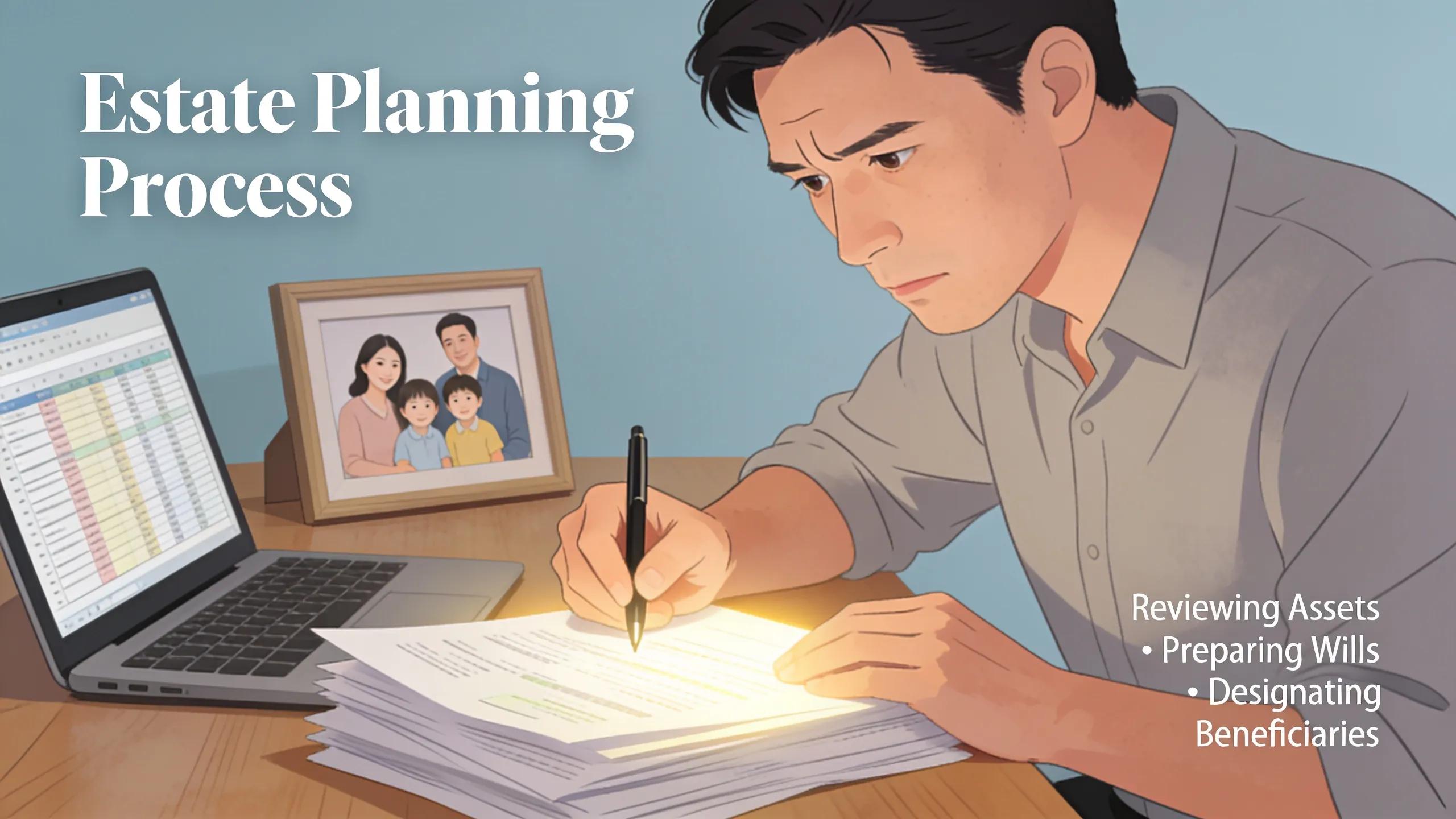 Individual reviewing estate planning documents at a desk with a laptop