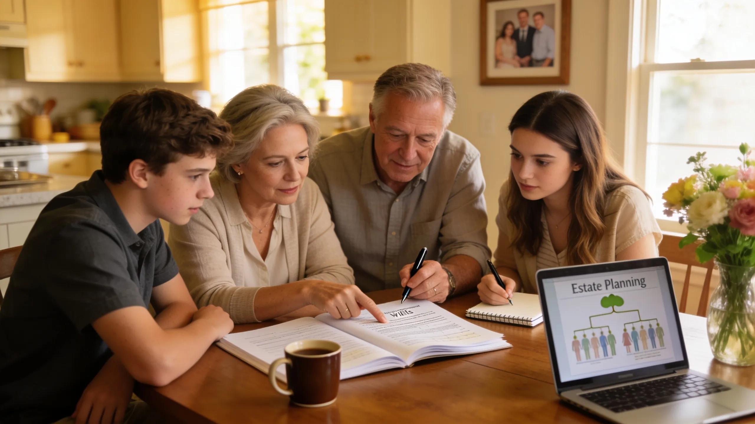 Family reviewing estate planning documents together around a kitchen table