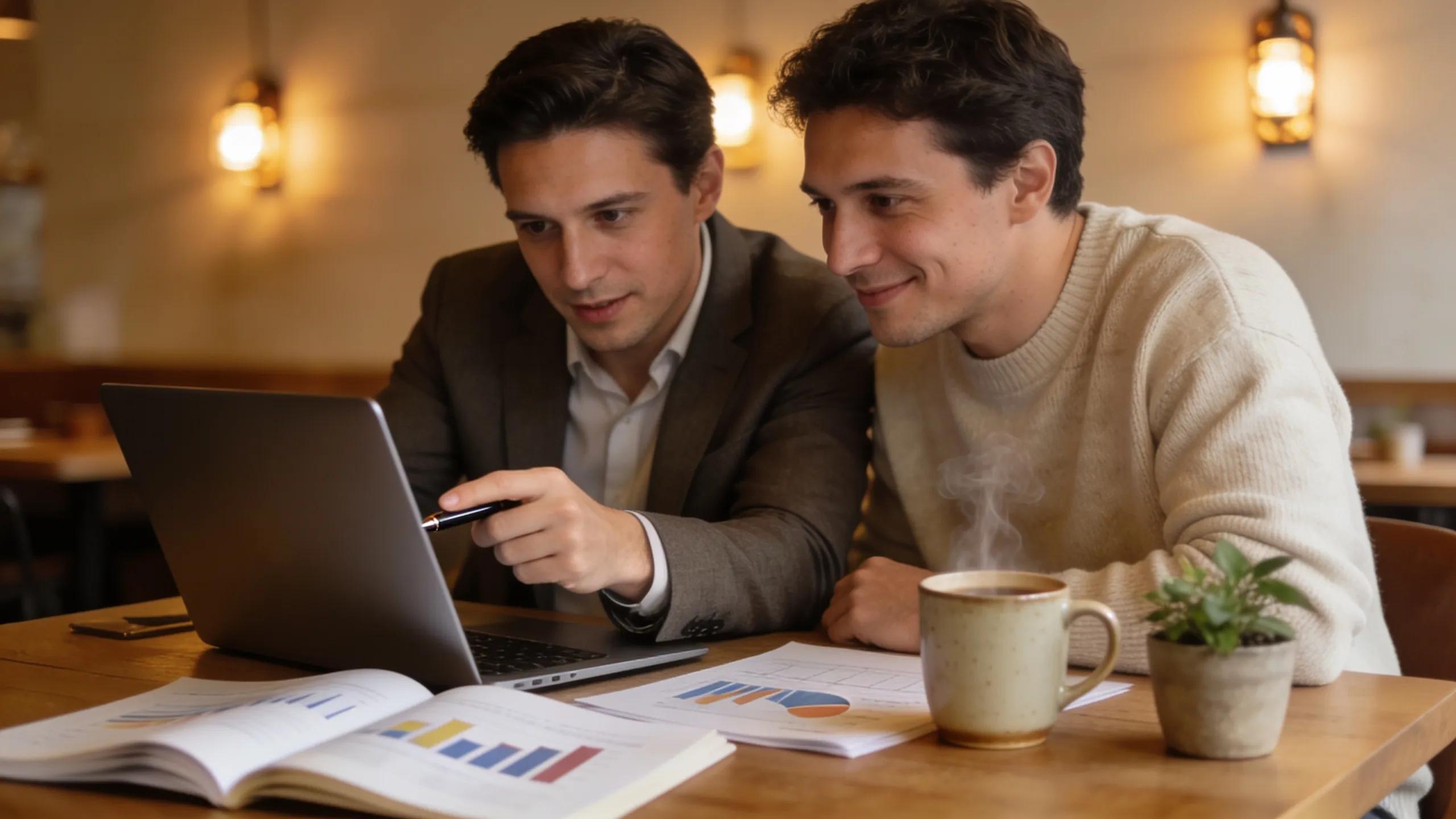 Image of a financial advisor reviewing investment performance with a client in a warm, inviting setting
