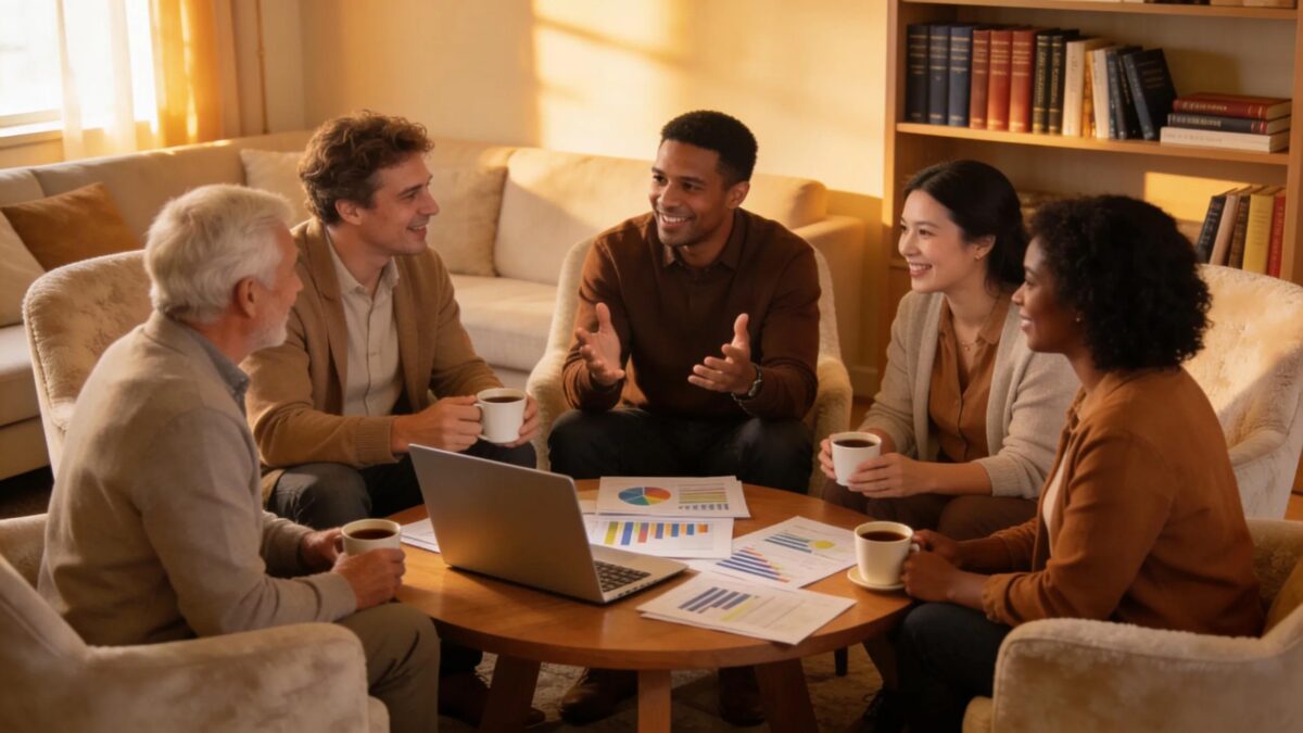 Cozy discussion about alternative investments with diverse people, financial documents, and a laptop
