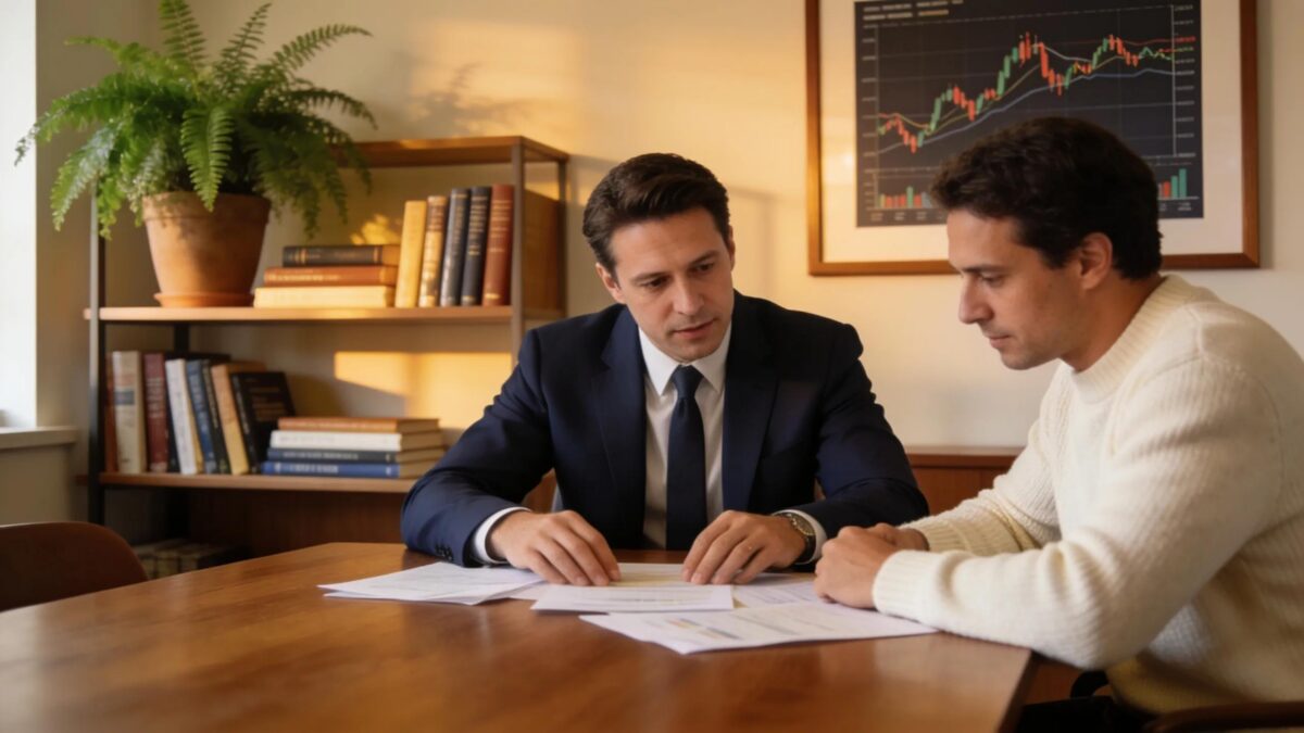 A financial advisor discusses strategies with a client in a cozy office setting.