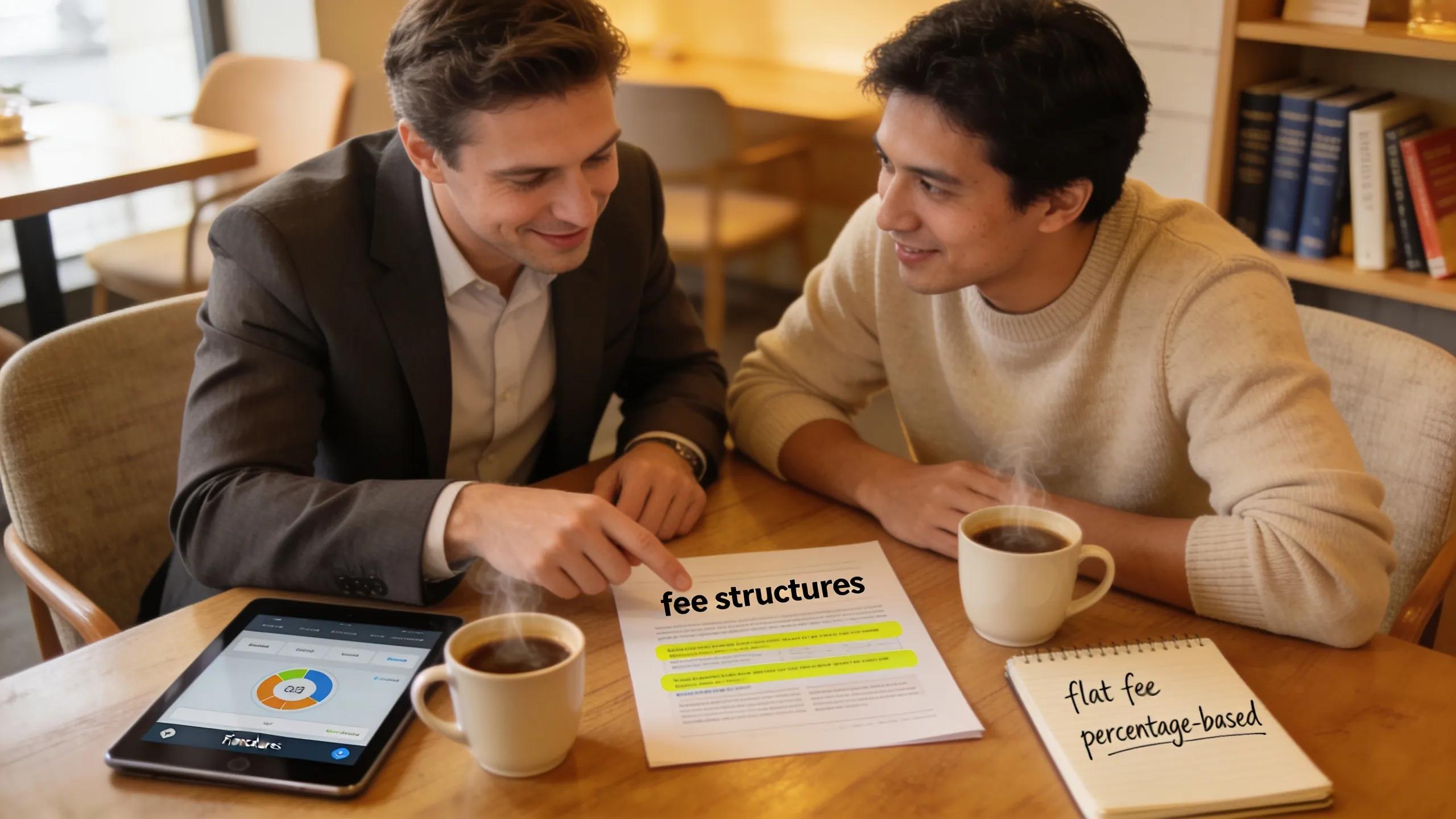 Financial advisor explaining different advisory fee models to a client in a relaxed café atmosphere.