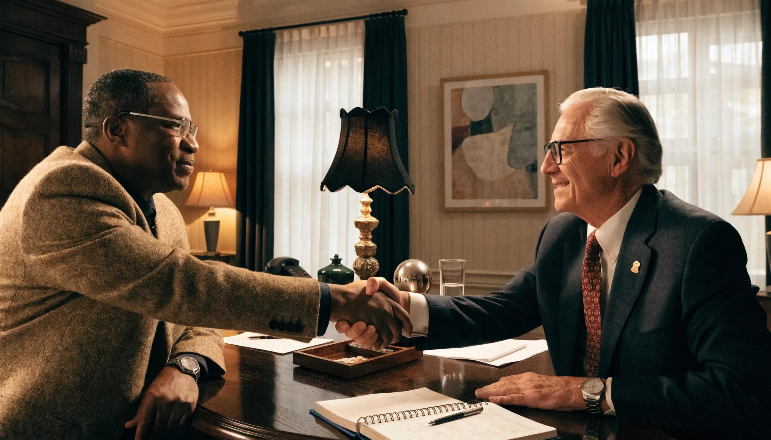 Financial advisor building trust with a client through fiduciary duty in a sophisticated office environment.