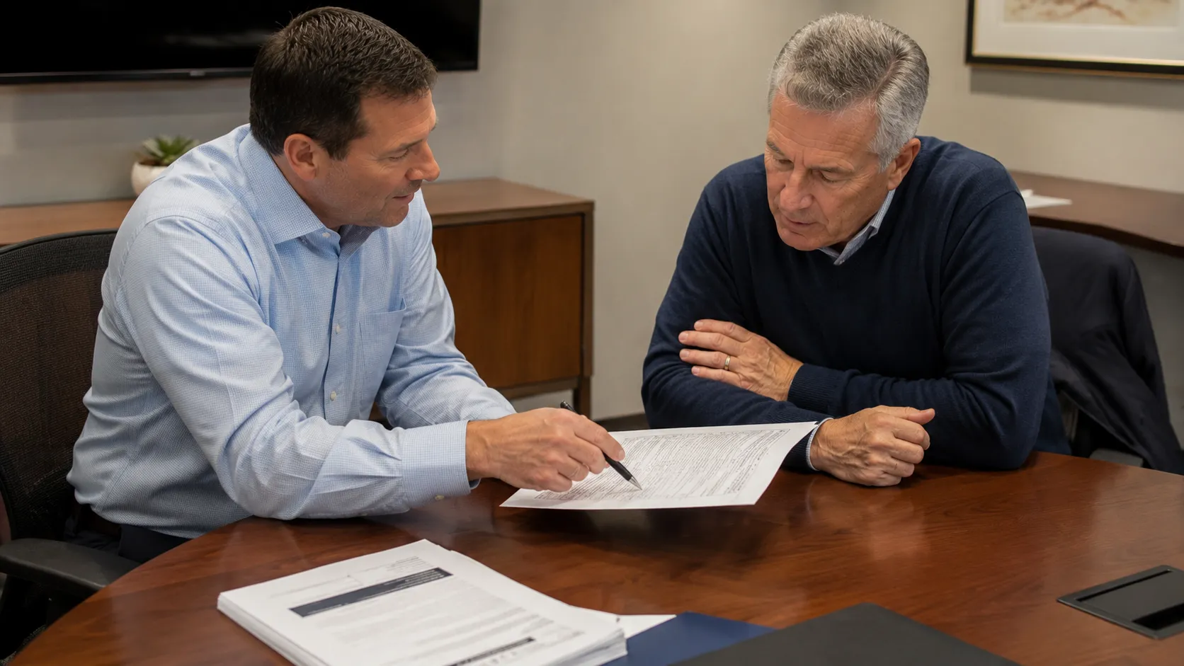 Fiduciary wealth manager signing client agreement emphasizing trust and transparency
