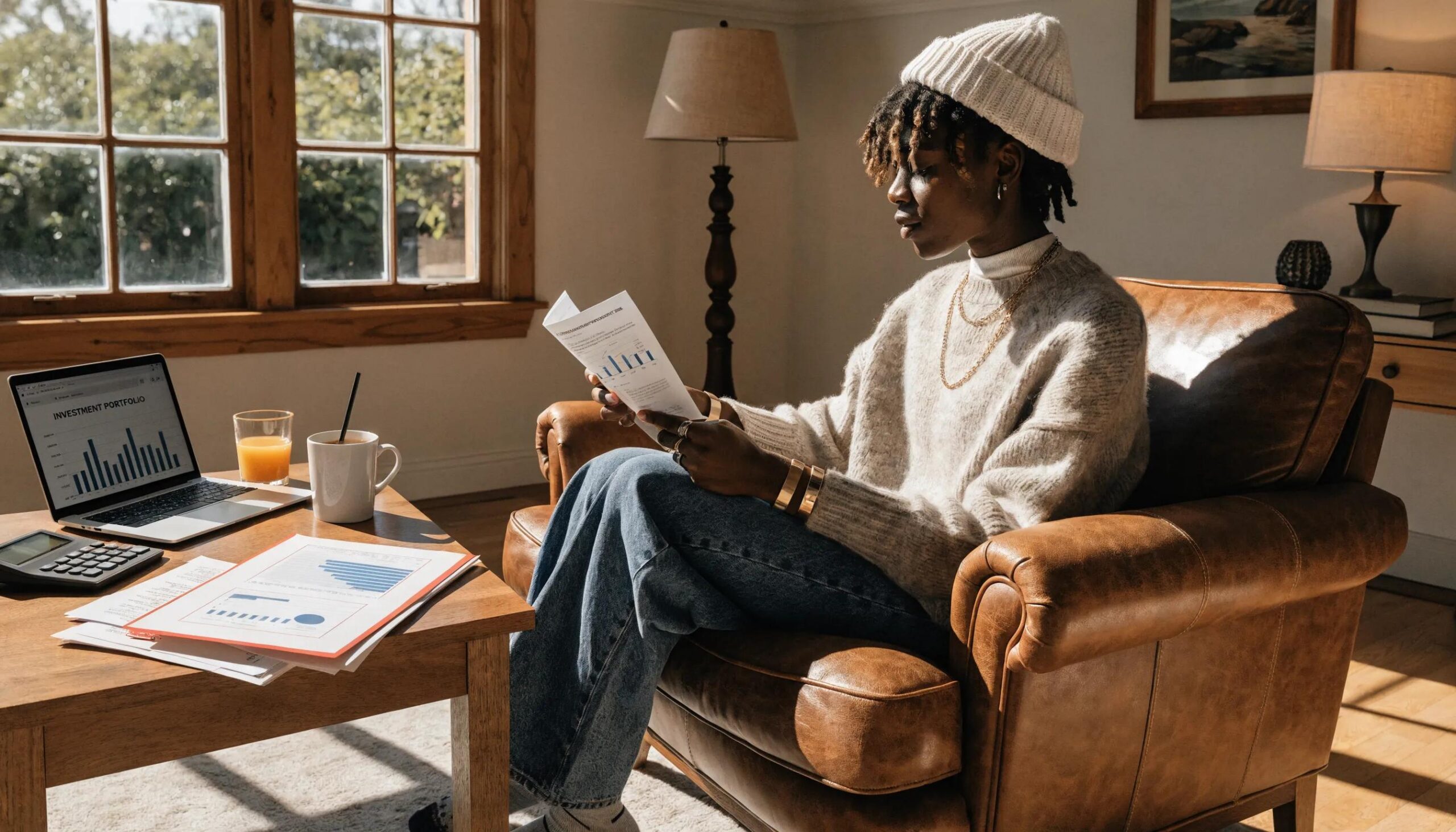 Individual reviewing investment documents in a cozy living room, illustrating tax-efficient investments