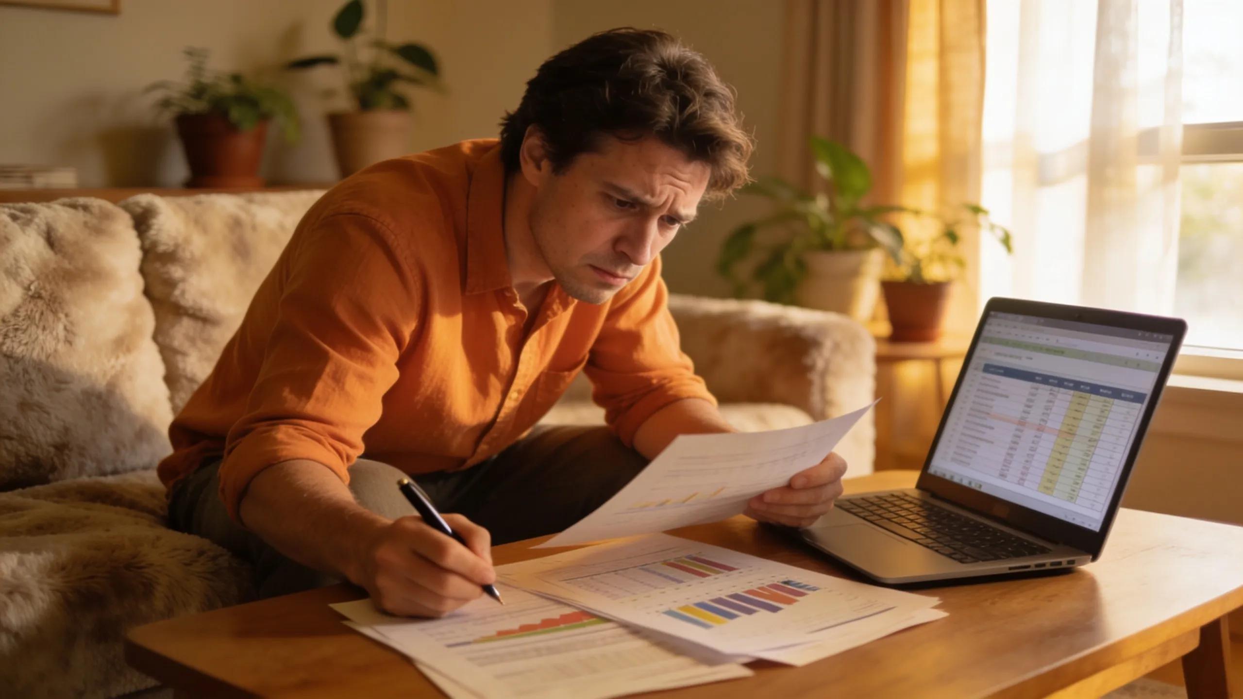 Individual contemplating investment risks at home, surrounded by financial documents and a laptop, representing DIY investment challenges