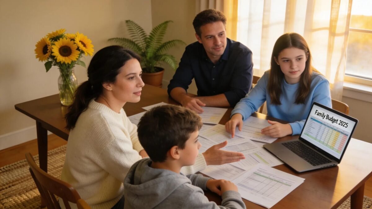 Family discussing estate management strategies at a dining table