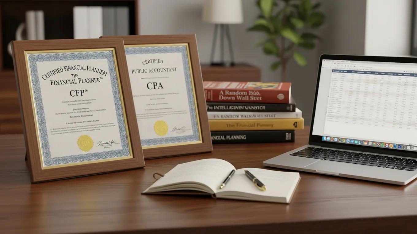 Close-up of CFP and CPA certificates on a financial planner's desk