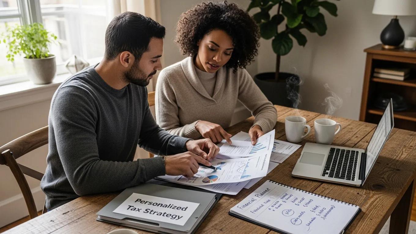 Couple reviewing personalized tax strategy documents at home, highlighting the benefits of tailored financial planning