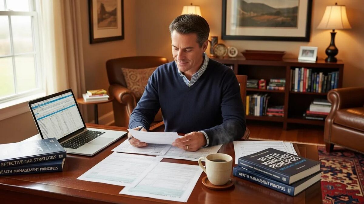 Cozy home office with financial documents and a laptop, representing wealth maximization strategies