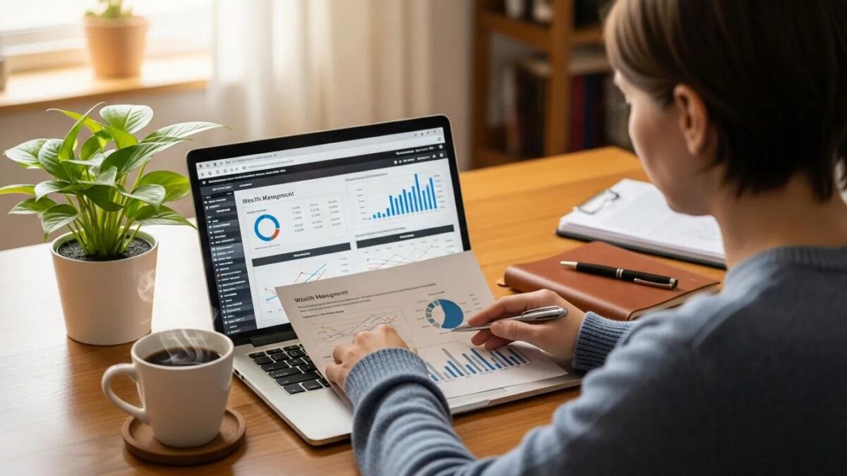 Cozy workspace with a person reviewing investment strategies and financial documents