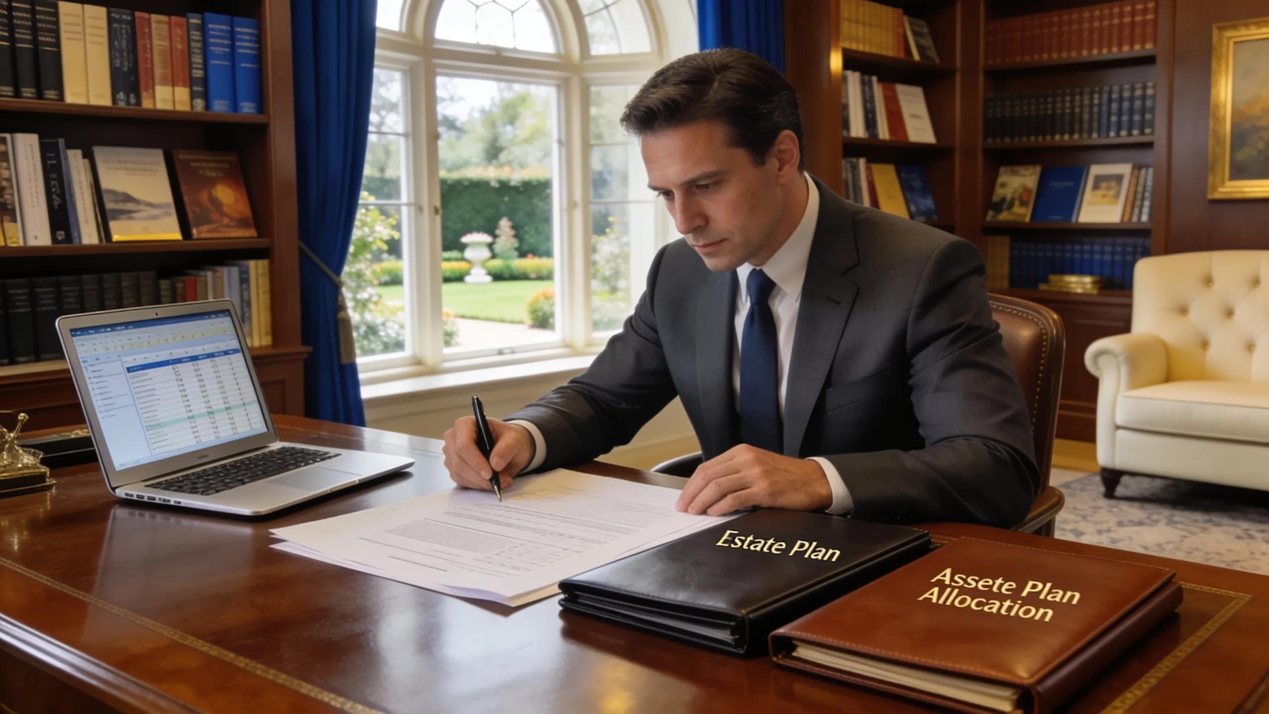 High-net-worth individual reviewing estate plan in an elegant office setting
