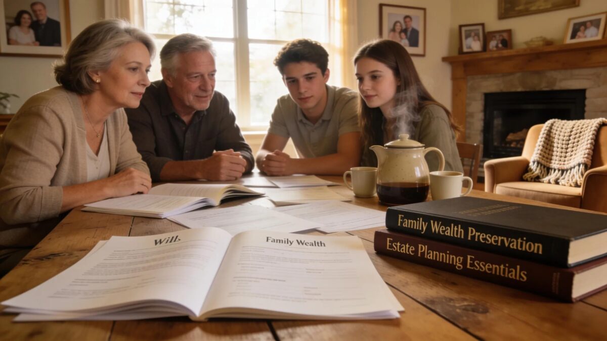 Family discussing estate planning at a dining table with documents and books