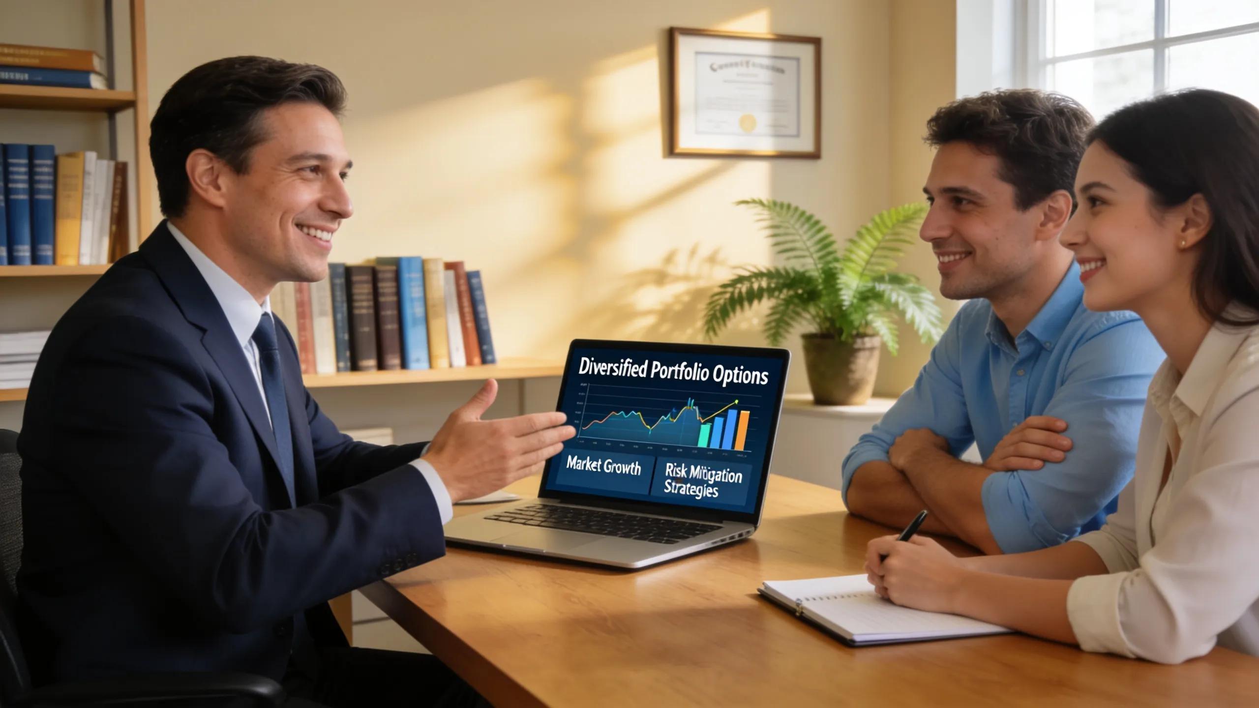 Couple meeting with a financial advisor, showcasing the advantages of professional wealth management