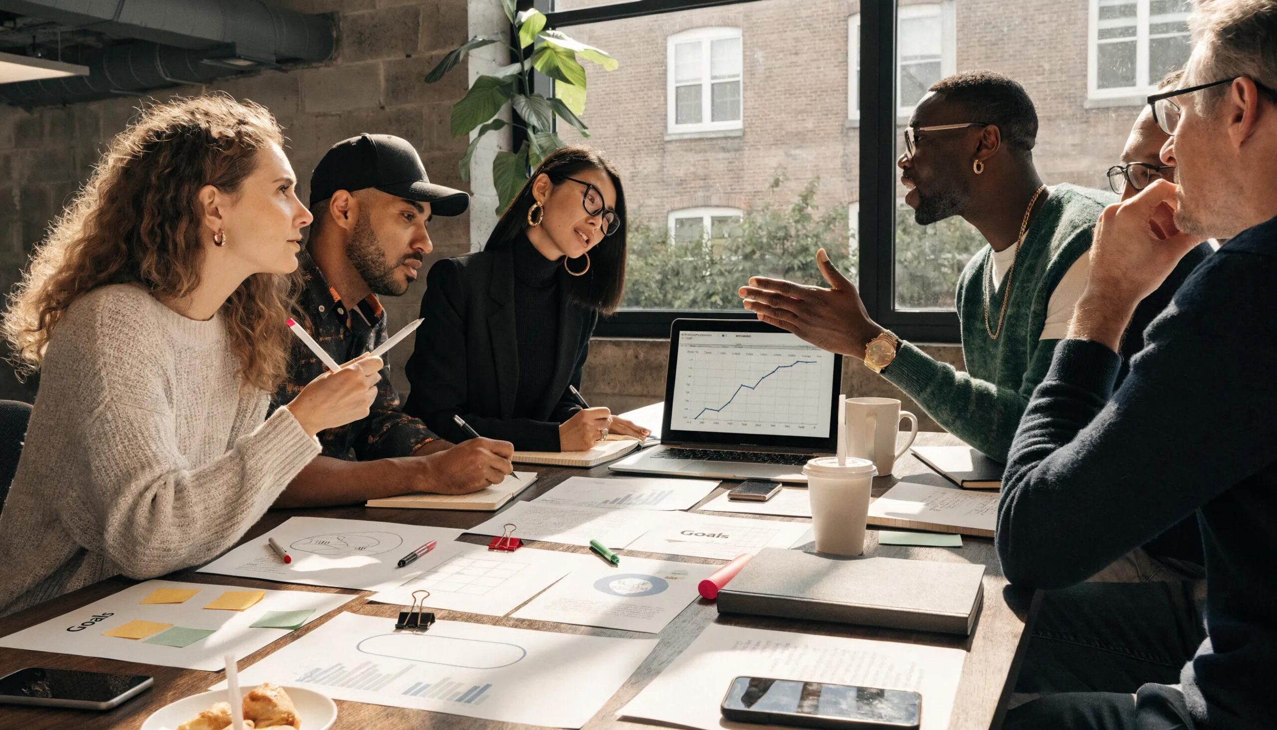 A diverse group of professionals discussing wealth management indicators in a collaborative setting