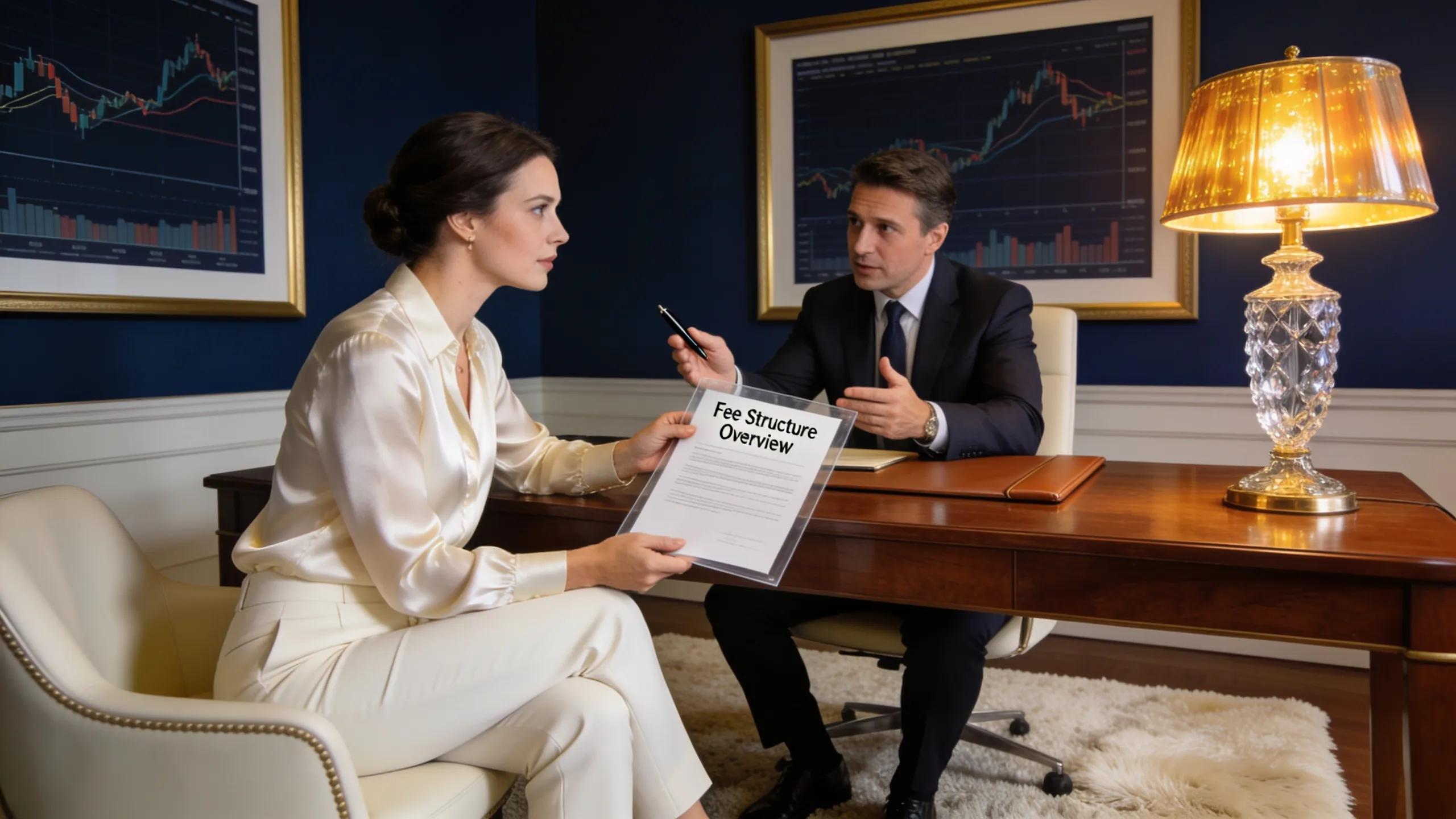 Financial advisor building trust with a high-net-worth client through transparent fee disclosure in a luxurious office