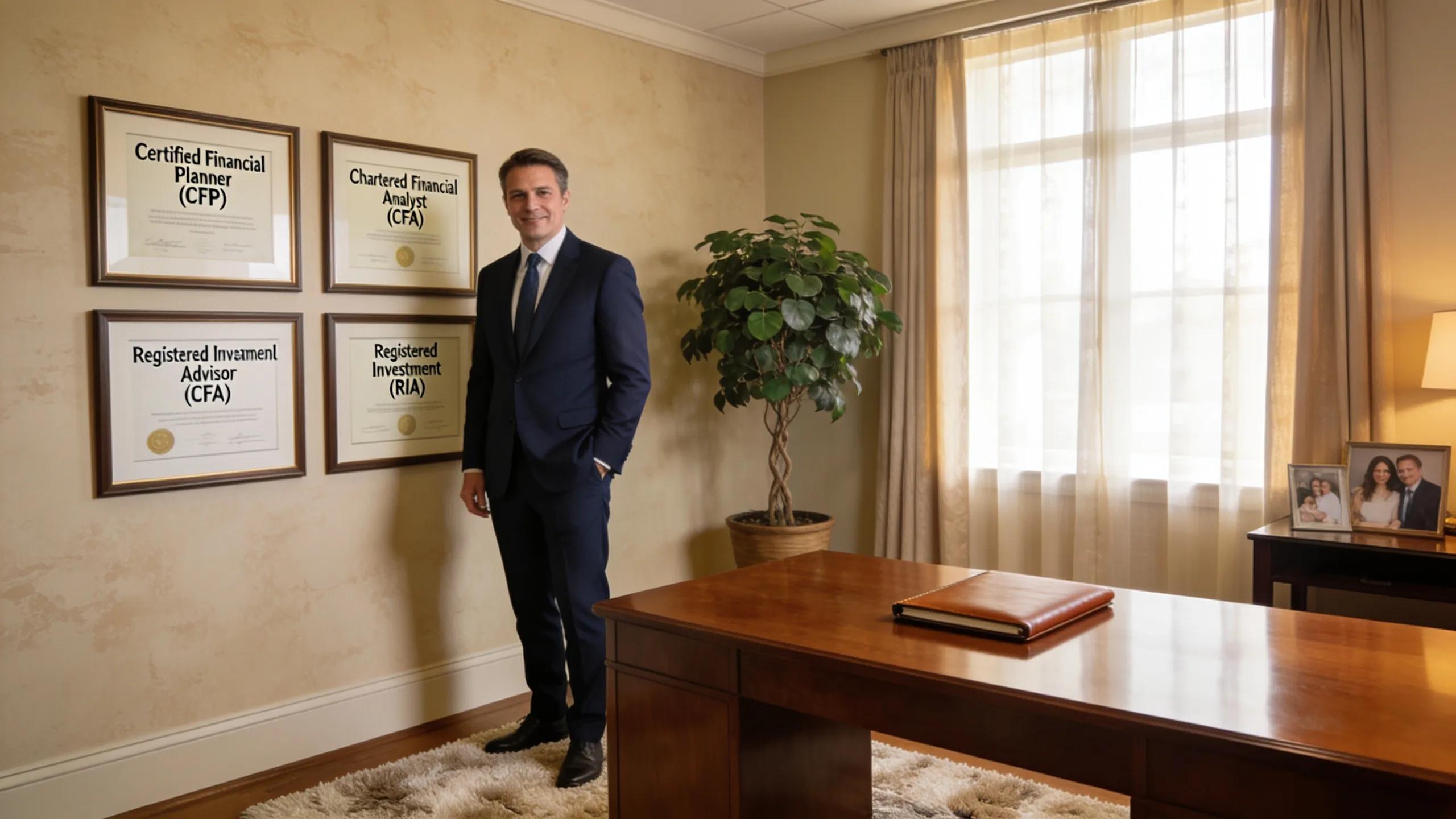 Professional certifications displayed in a cozy financial advisory office
