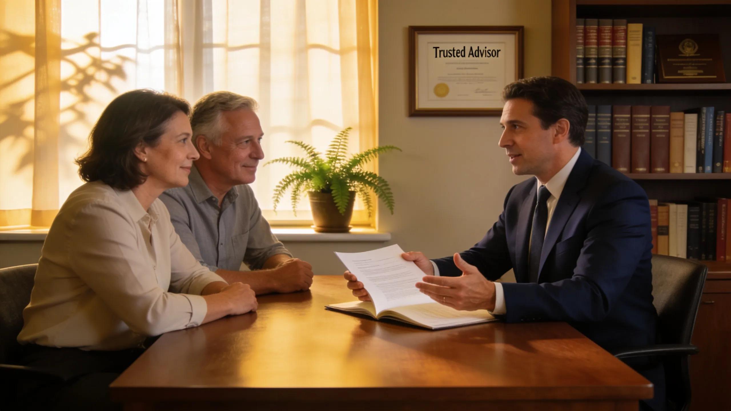 Estate planner consulting clients in a welcoming office environment