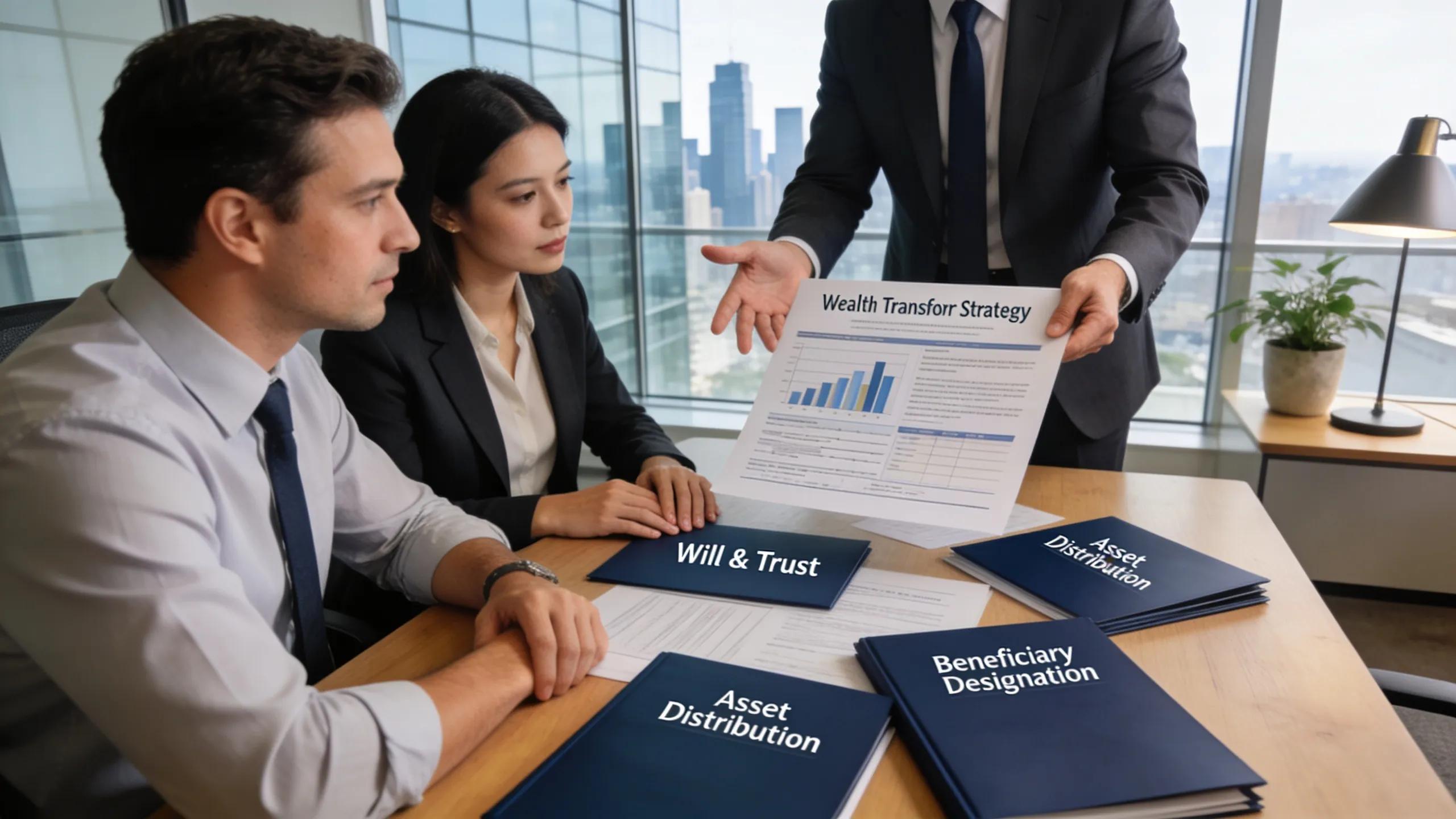 Advisor presenting wealth transfer strategy to a couple in a modern office