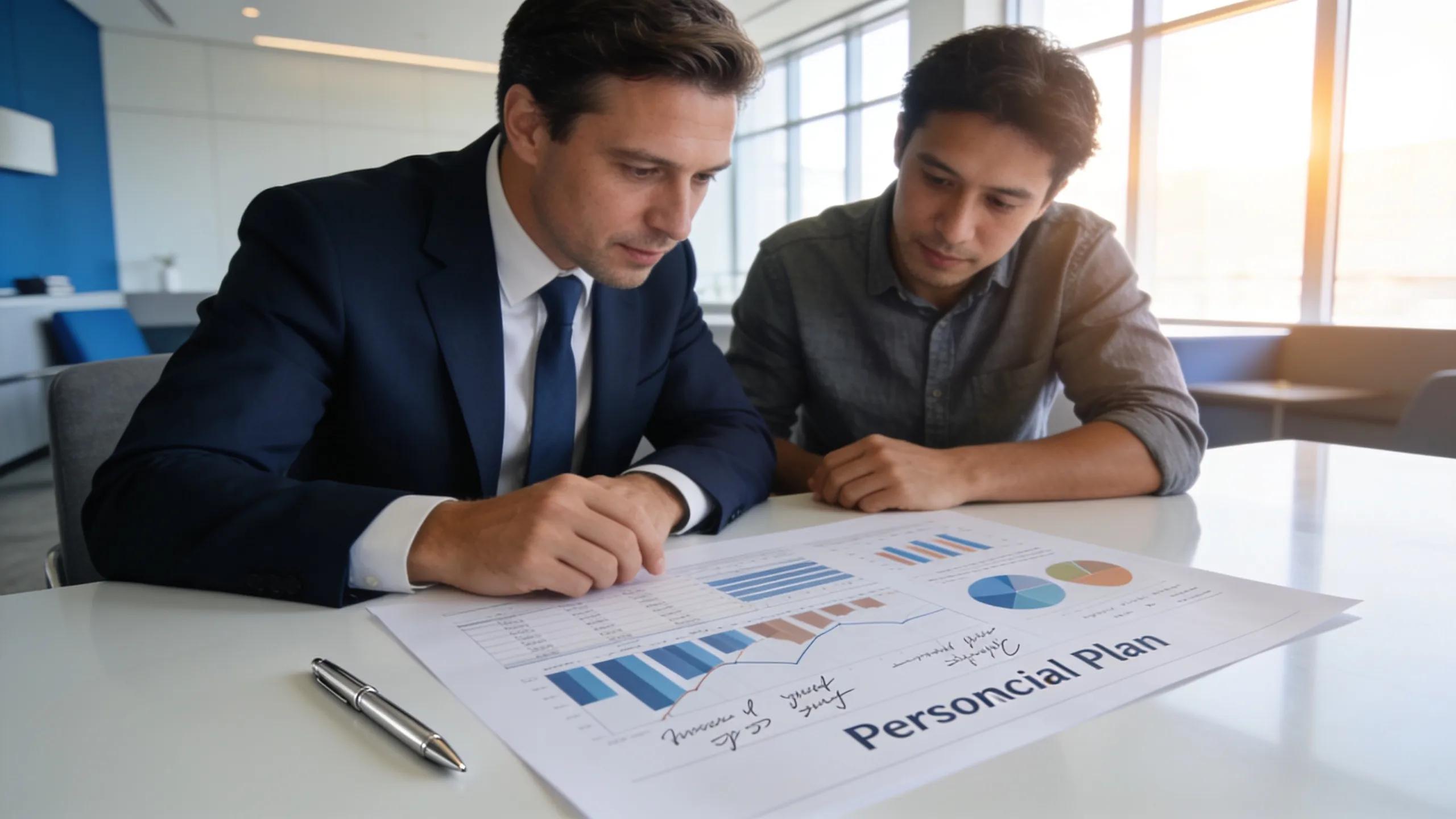Wealth manager reviewing a customized financial plan with a client in a modern office