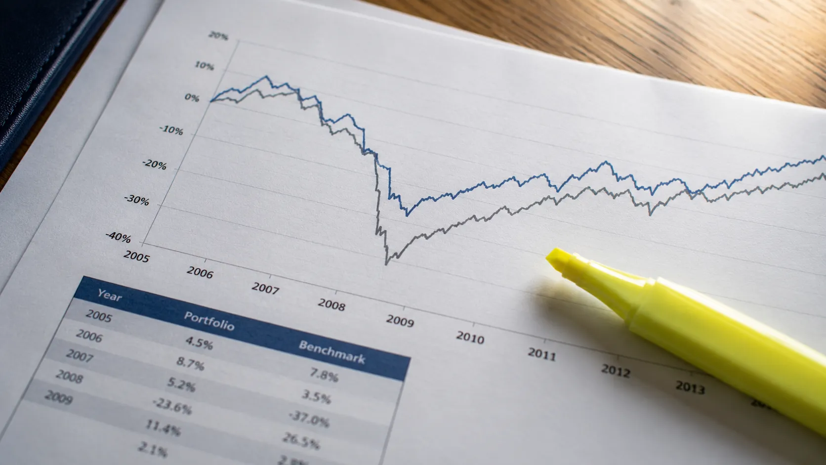 Wealth manager reviewing client portfolio track record and risk performance