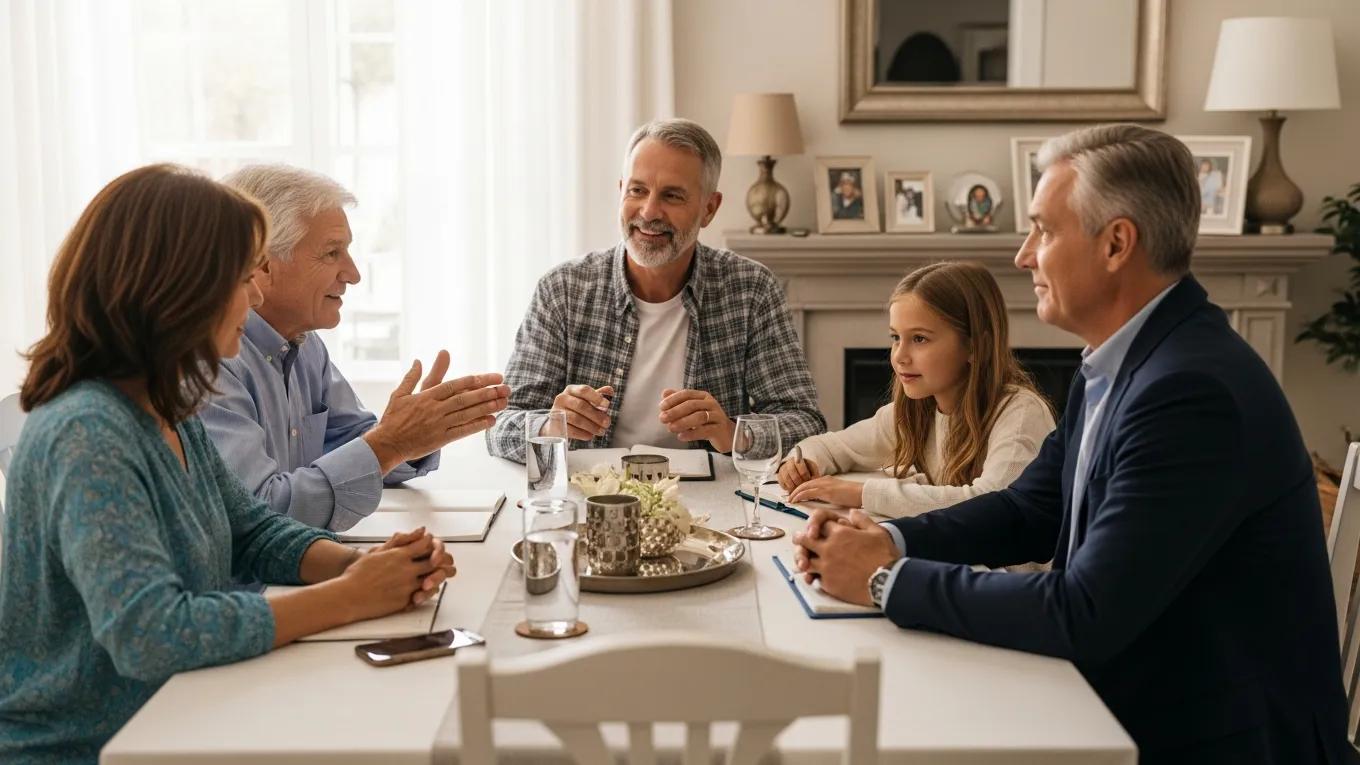 Family discussing estate planning strategies in a warm living room
