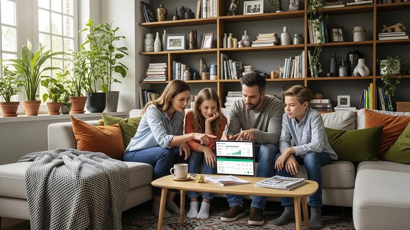 Family reviewing investment portfolios together in a modern living room