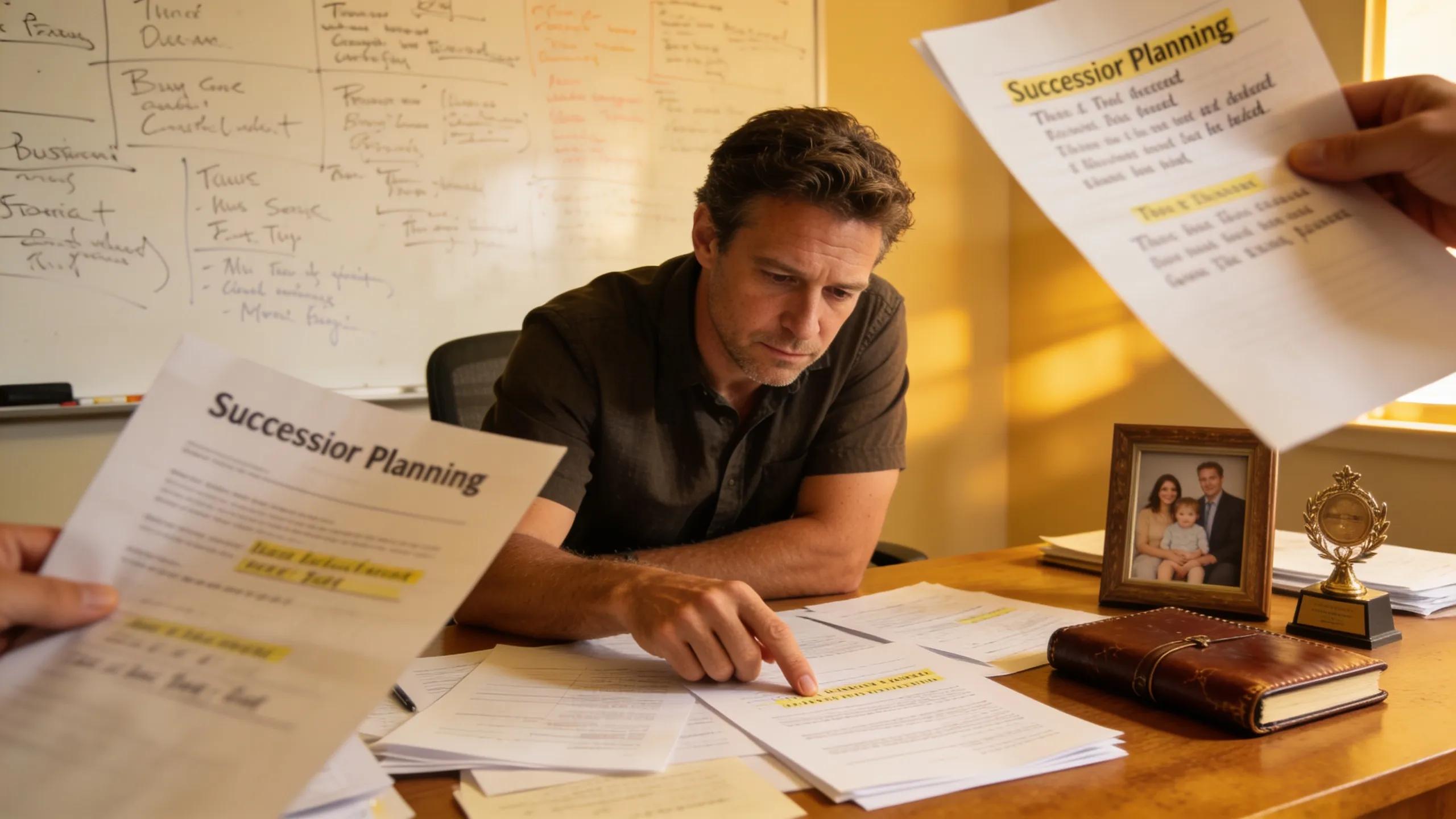 A business owner reviewing succession planning documents in a thoughtful office environment, highlighting wealth management challenges
