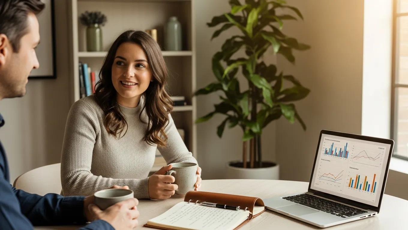 Financial advisor and client discussing personalized financial planning over coffee