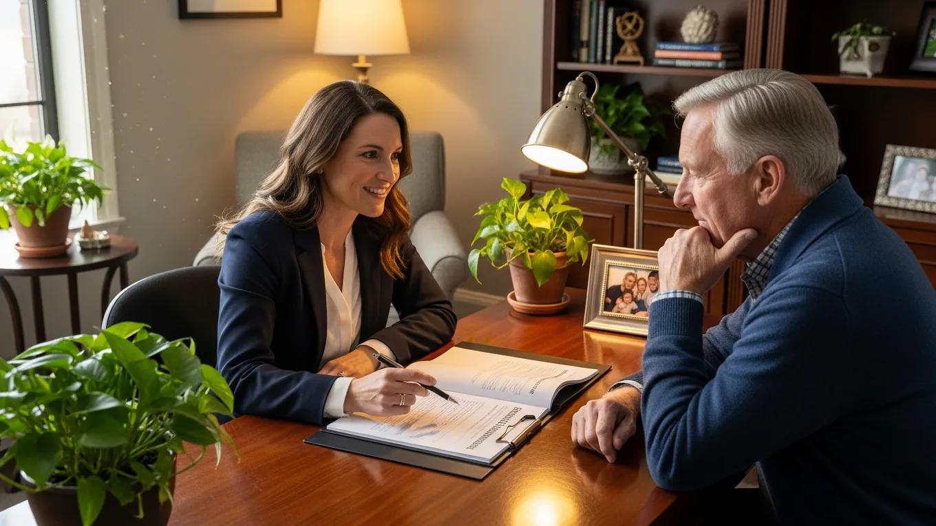 Financial advisor discussing personalized retirement plans with a client in a cozy office setting