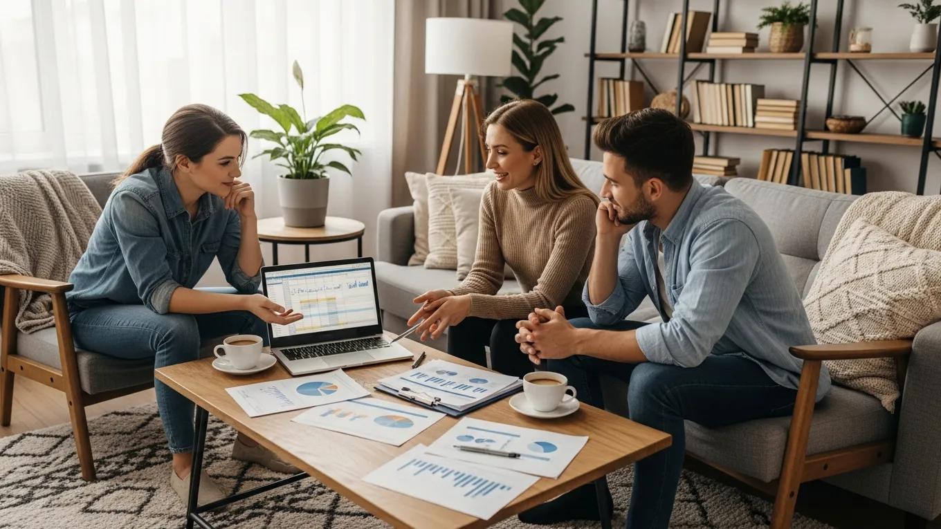 Financial advisor discussing risk management strategies with clients in a cozy living room