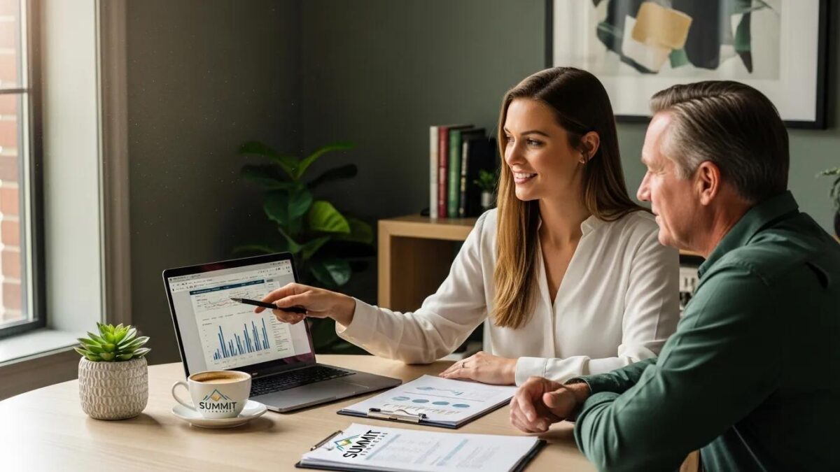 Financial advisor discussing wealth management strategies with a client in a cozy office setting