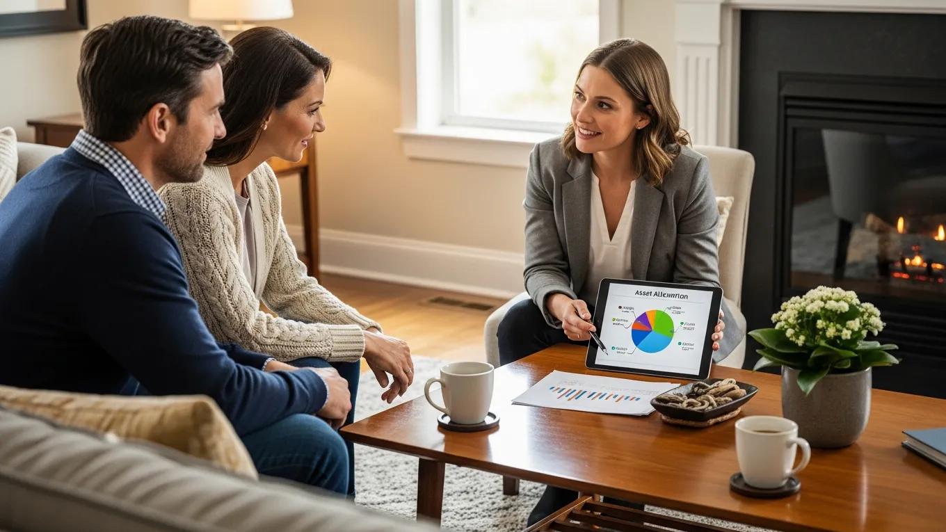 Financial advisor explaining asset allocation strategies to a couple in a relaxed office setting